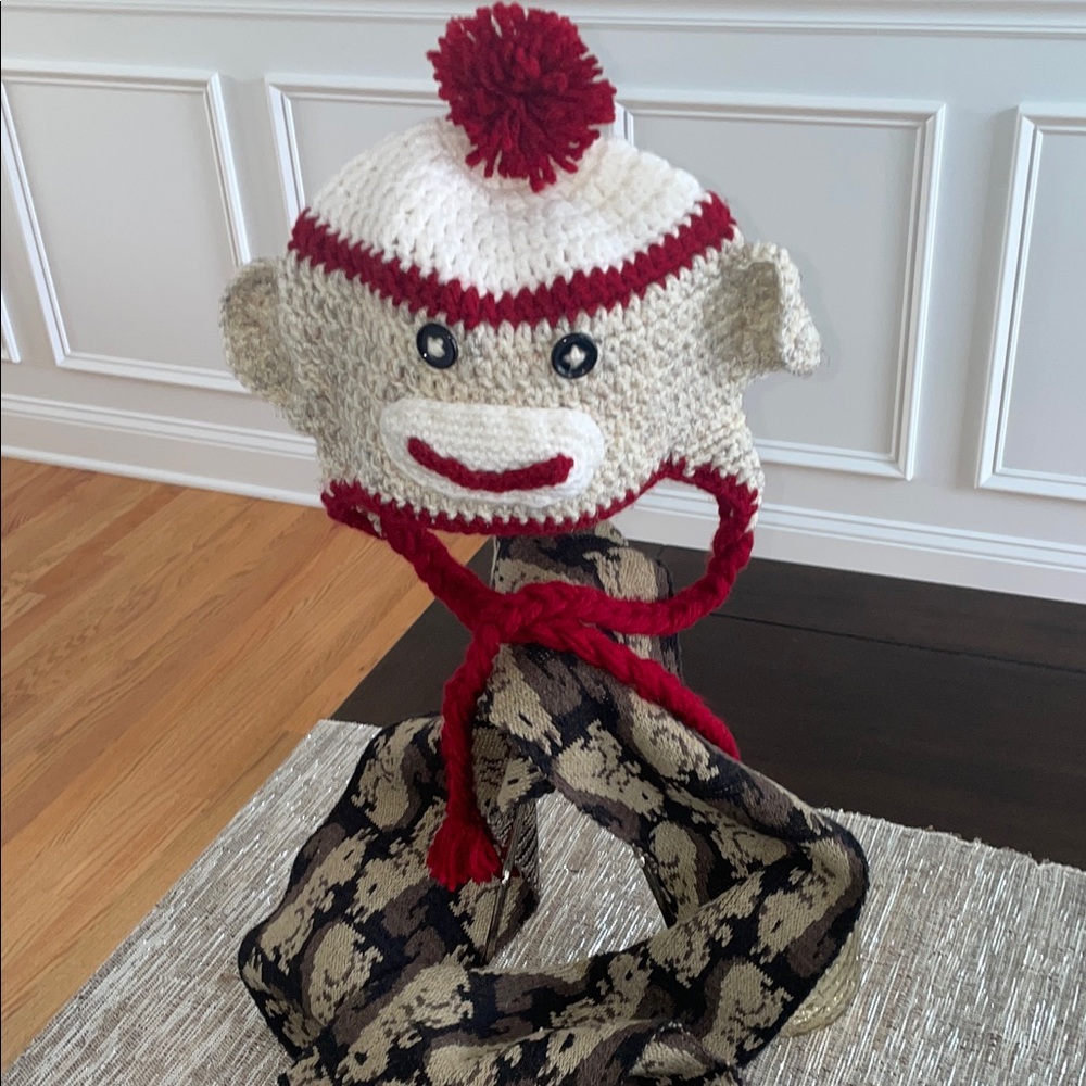 Handmade Crochet Sock Monkey Hat with Red Accents (no tag) scarf 66 “x 6 “